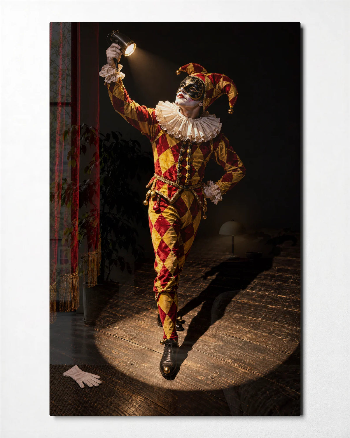 Harlequin in the Spotlight — front view of glass wall art