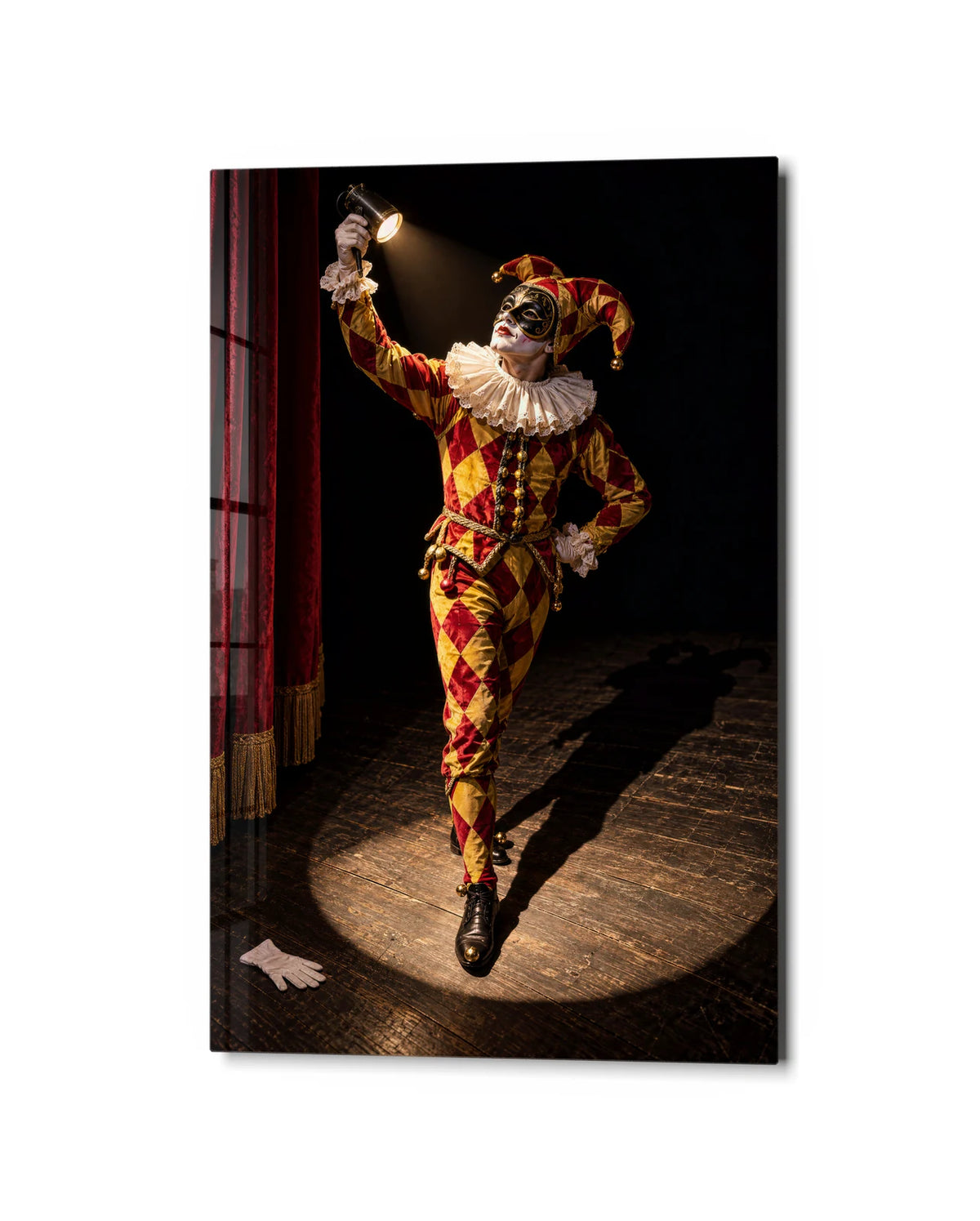 Harlequin in the Spotlight — studio view of glass wall art