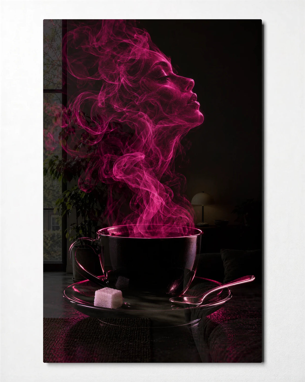 A Face in the Steam — front view of glass wall art