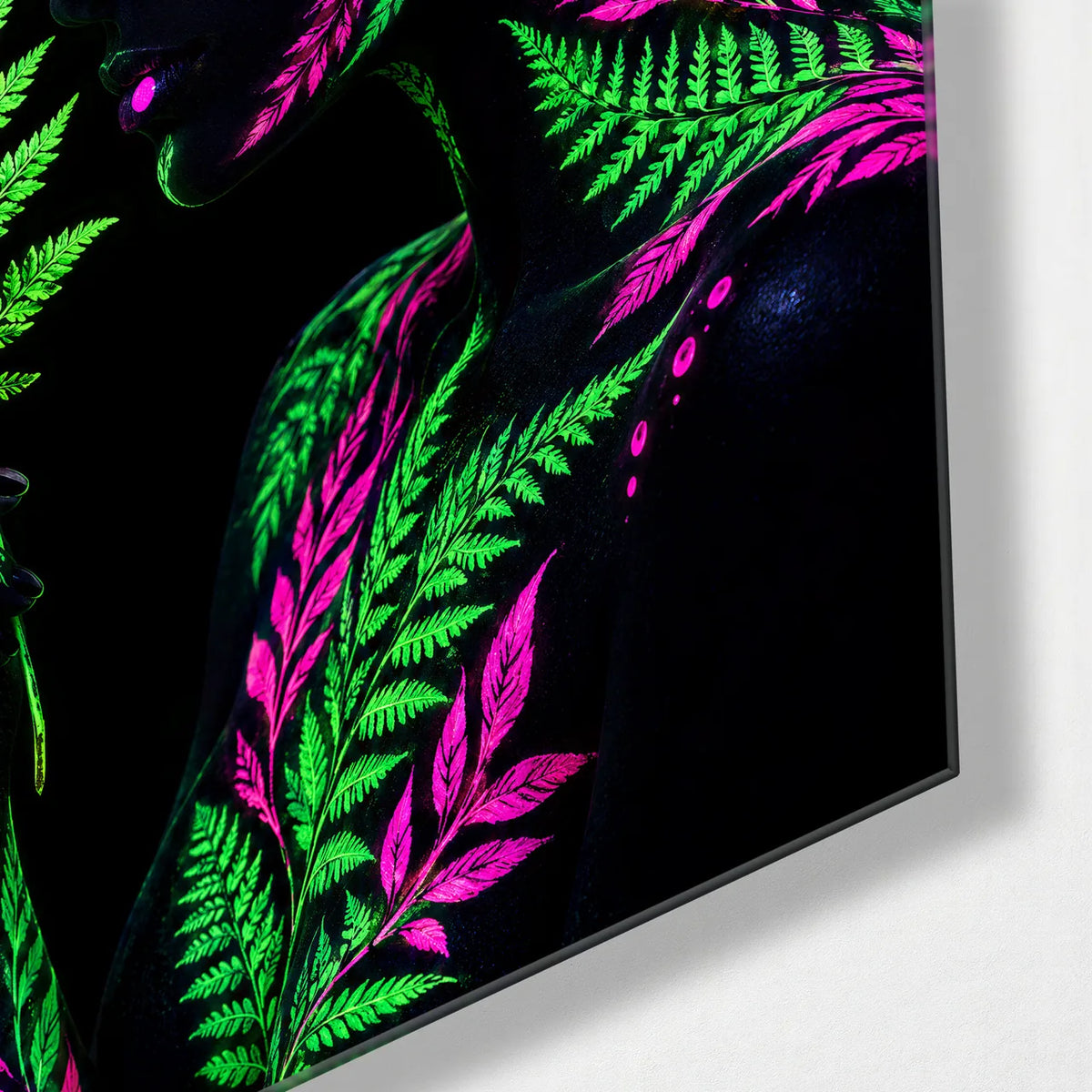A Face in the Leaves — corner detail of glass wall art