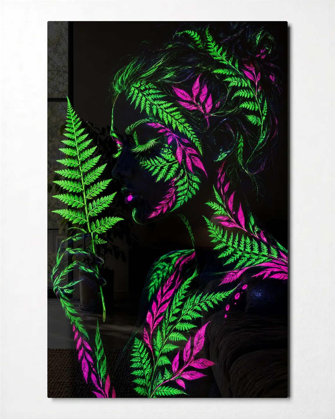 A Face in the Leaves — front view of glass wall art