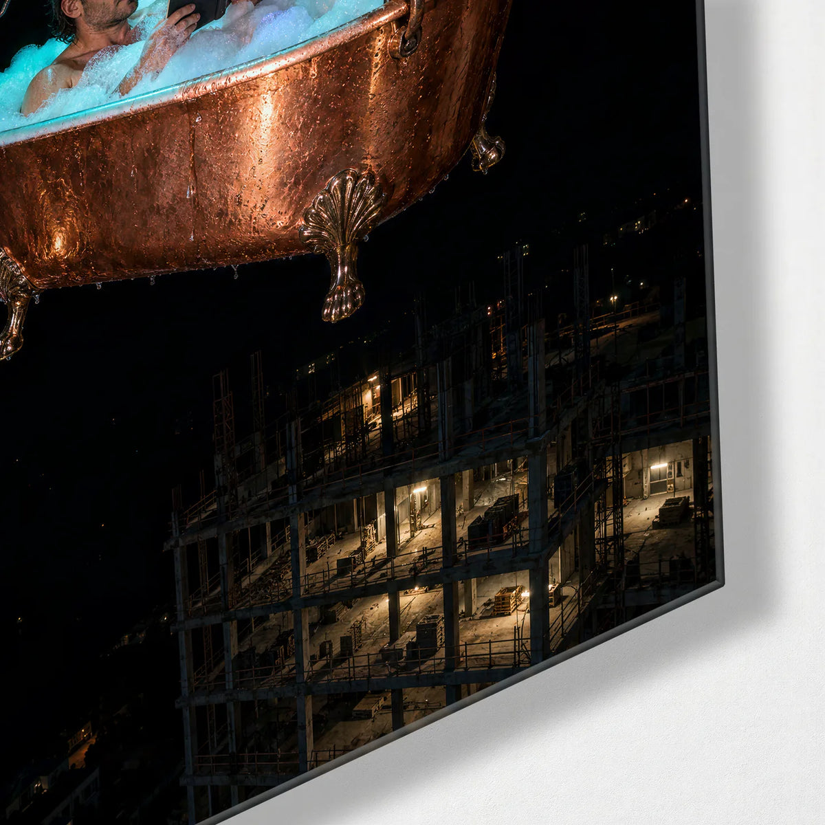 Bath Above the Building — corner detail of glass wall art
