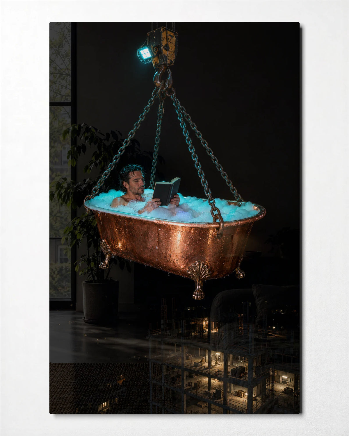 Bath Above the Building — front view of glass wall art