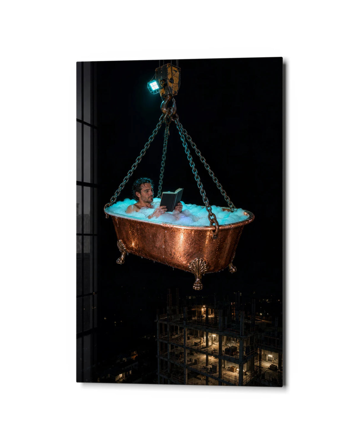 Bath Above the Building — studio view of glass wall art