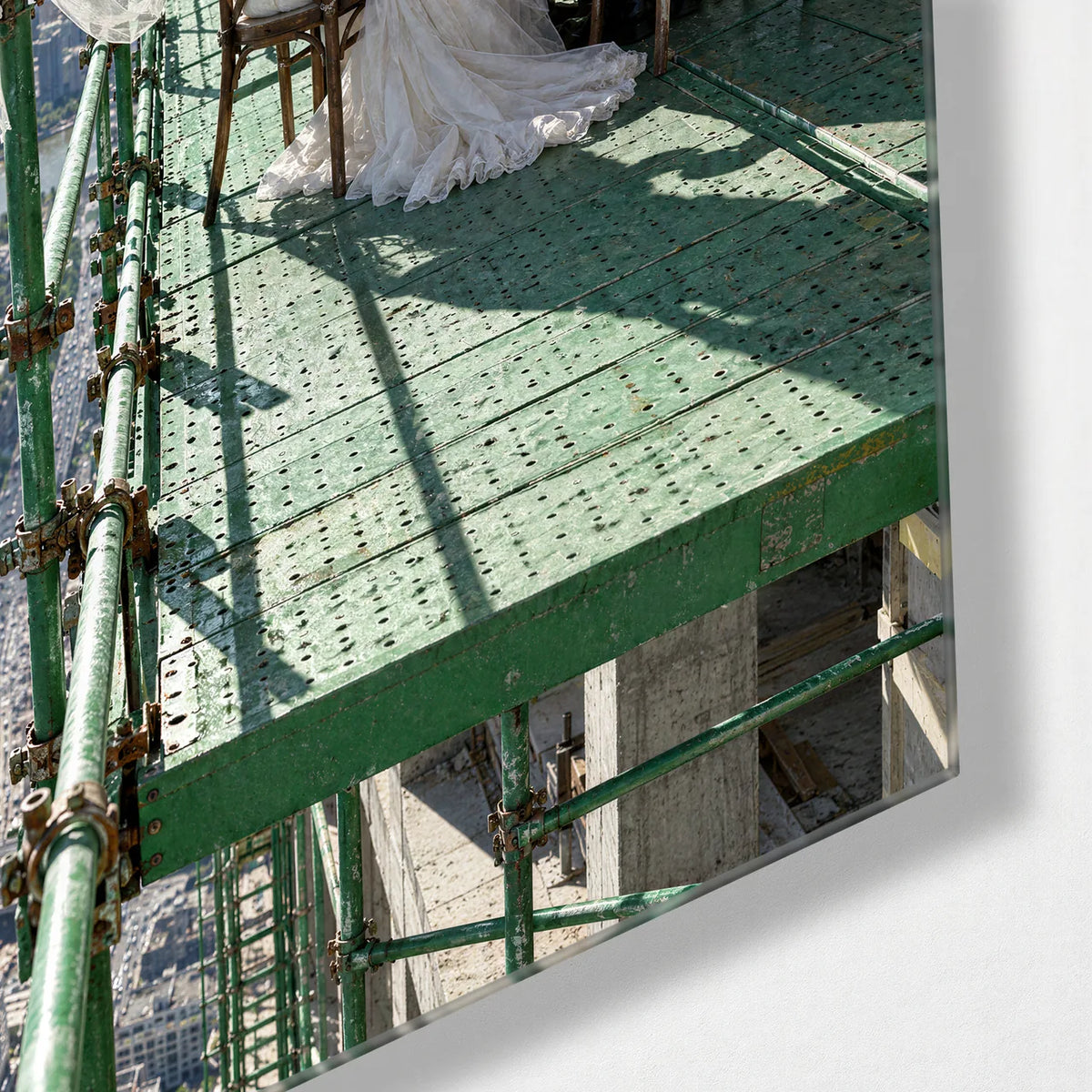 Dinner above the City — corner detail of glass wall art