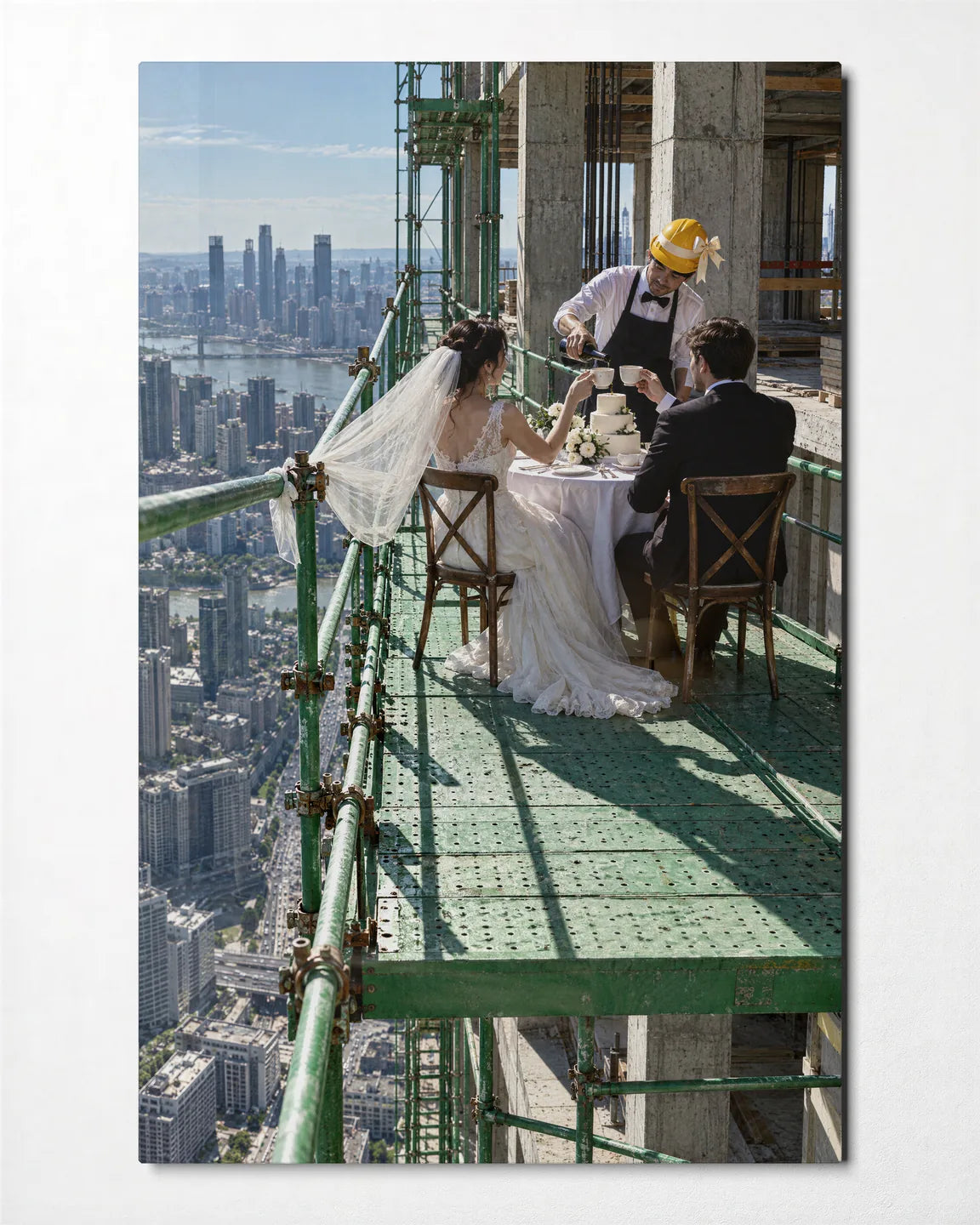 Dinner above the City — front view of glass wall art