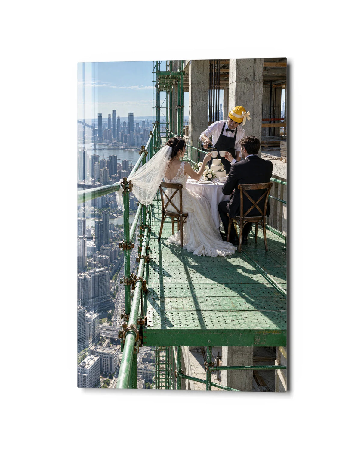 Dinner above the City — studio view of glass wall art