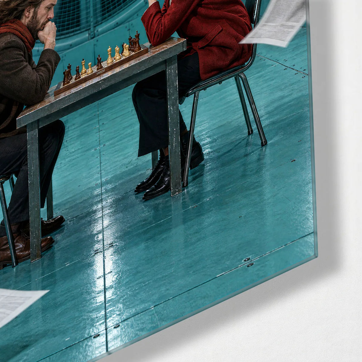 Chess in a Headwind — corner detail of glass wall art