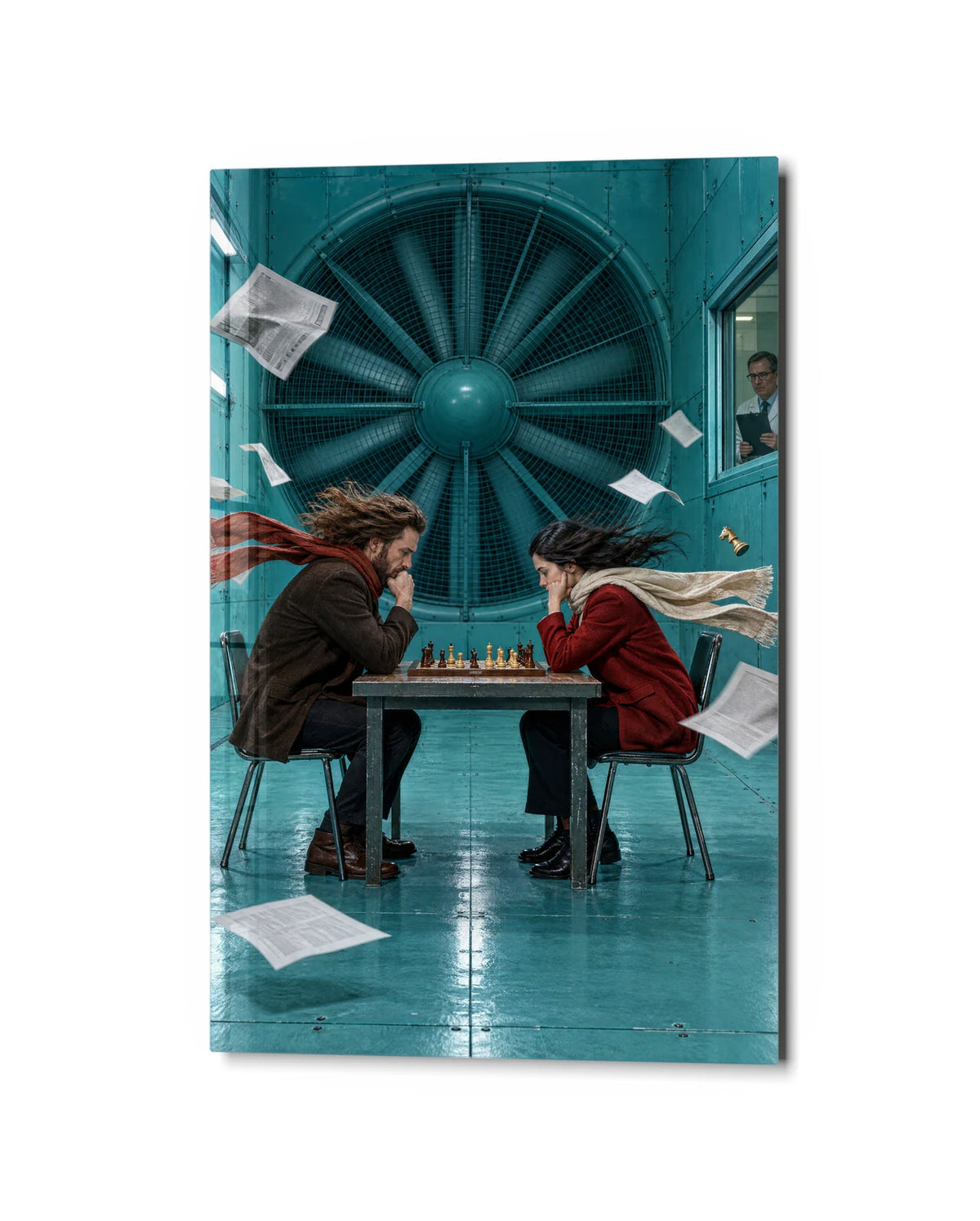 Chess in a Headwind — studio view of glass wall art