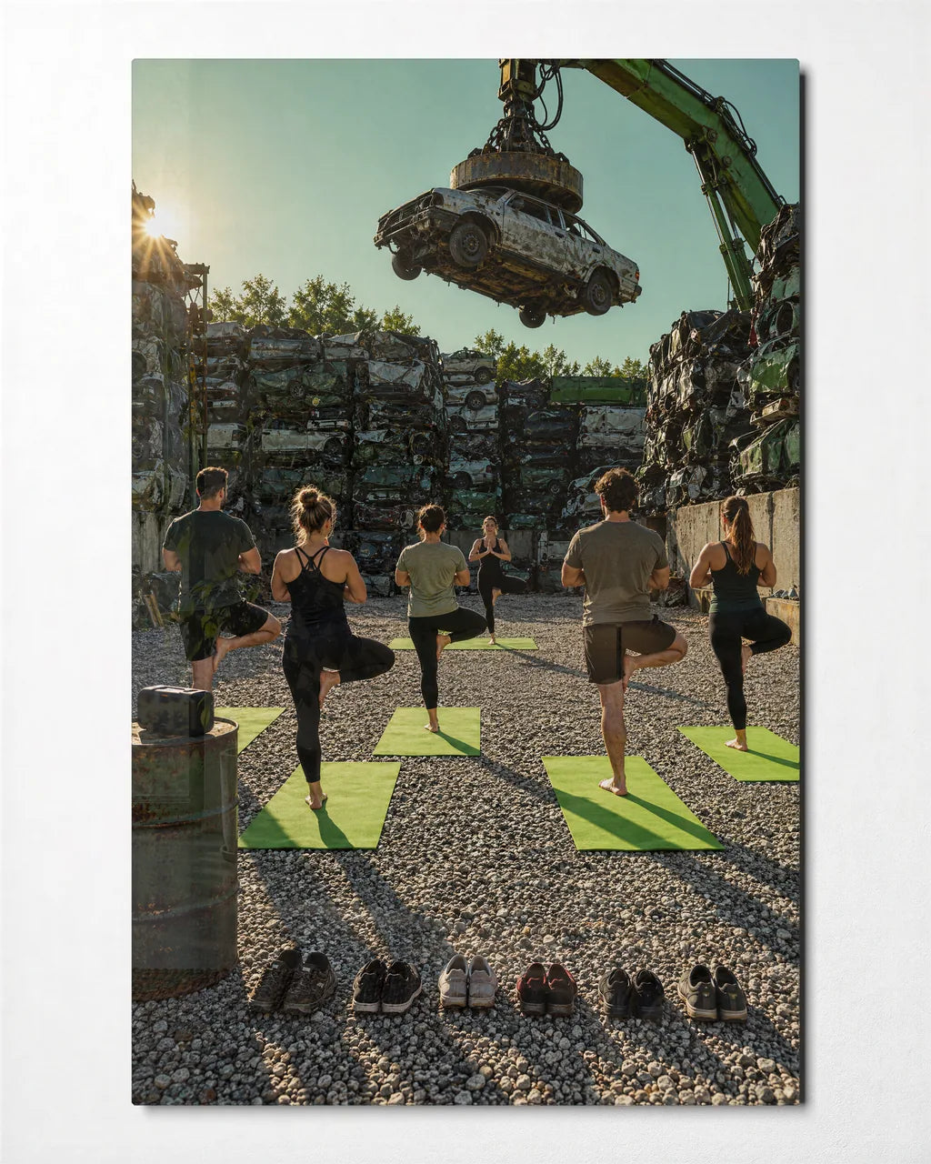 Balance in the Scrapyard — front view of glass wall art