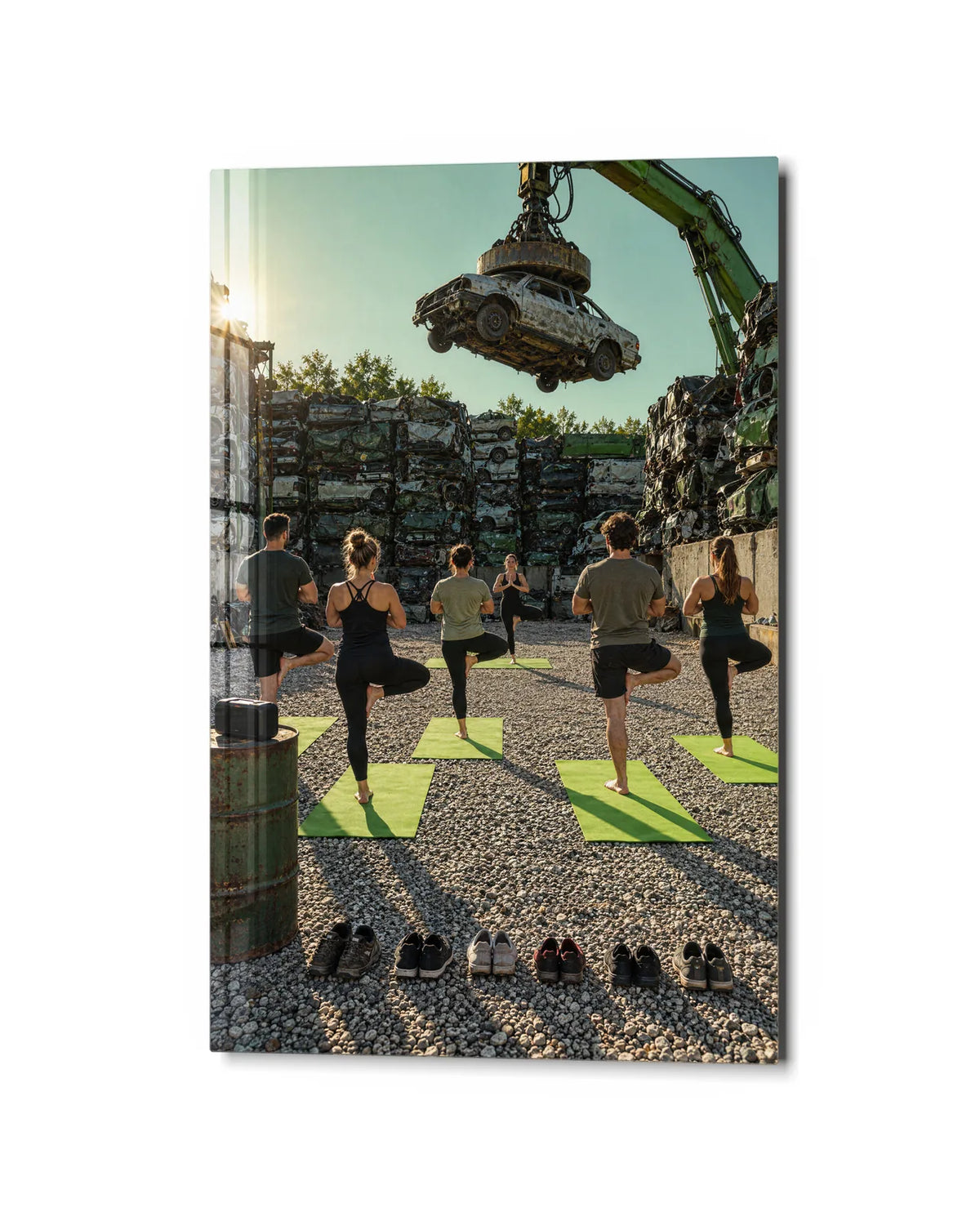 Balance in the Scrapyard — studio view of glass wall art
