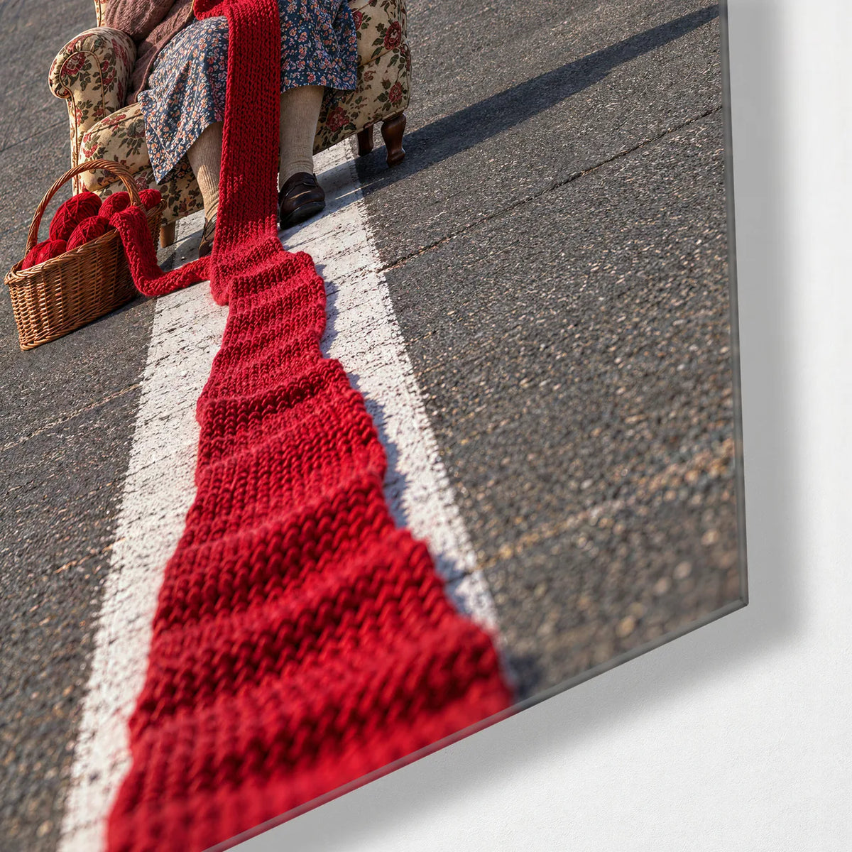 Knitting on the Runway — corner detail of glass wall art