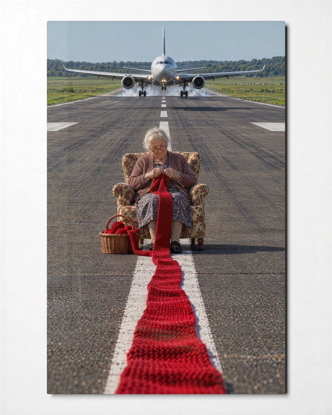 Knitting on the Runway — front view of glass wall art