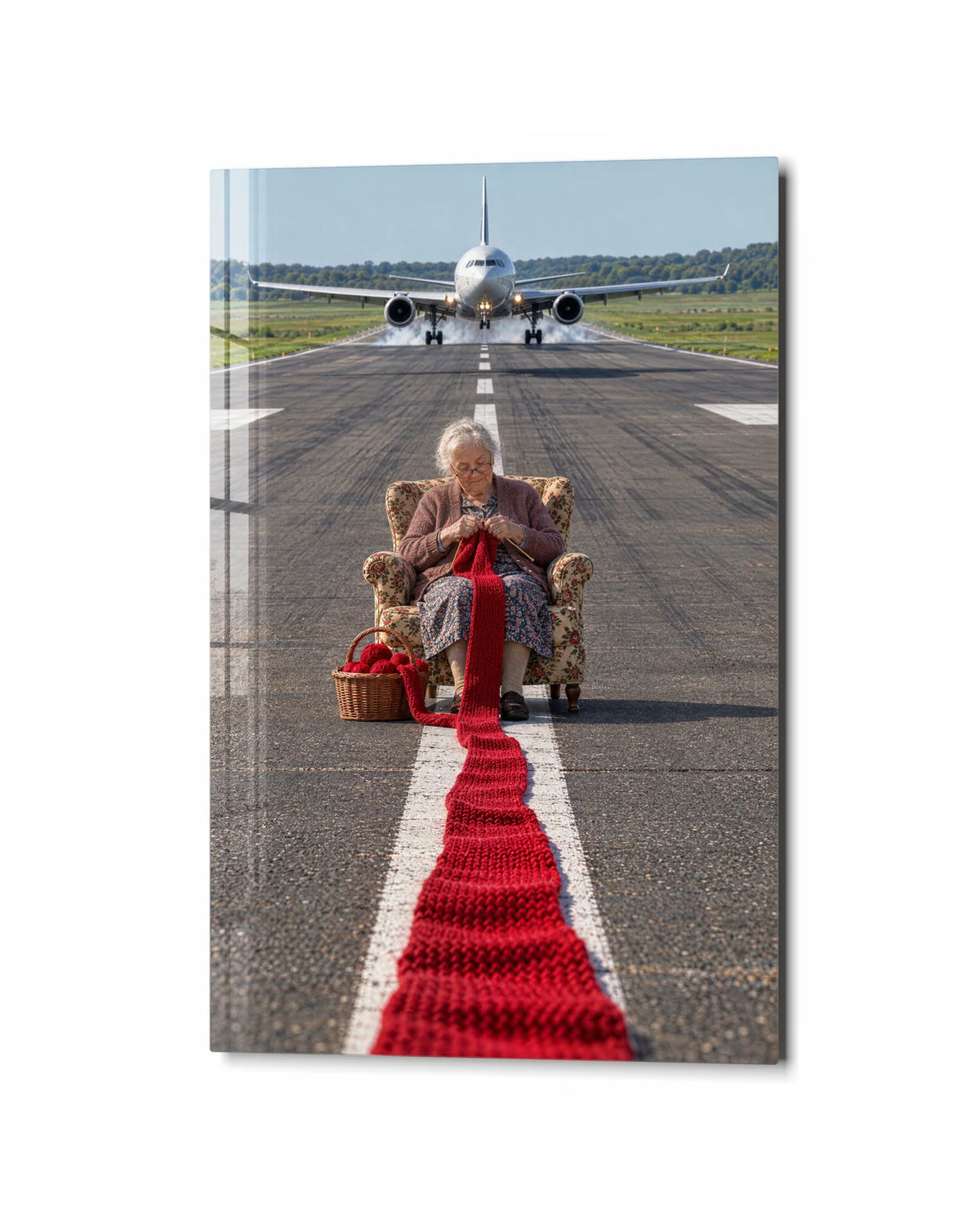 Knitting on the Runway — studio view of glass wall art