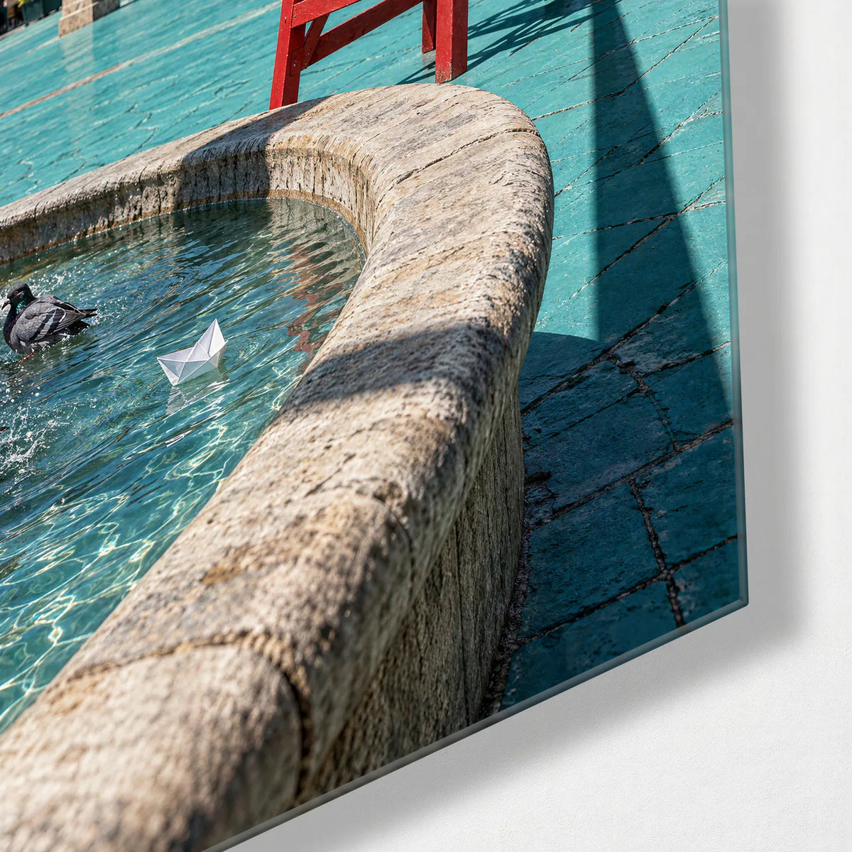 Fountain Lifeguard — corner detail of glass wall art