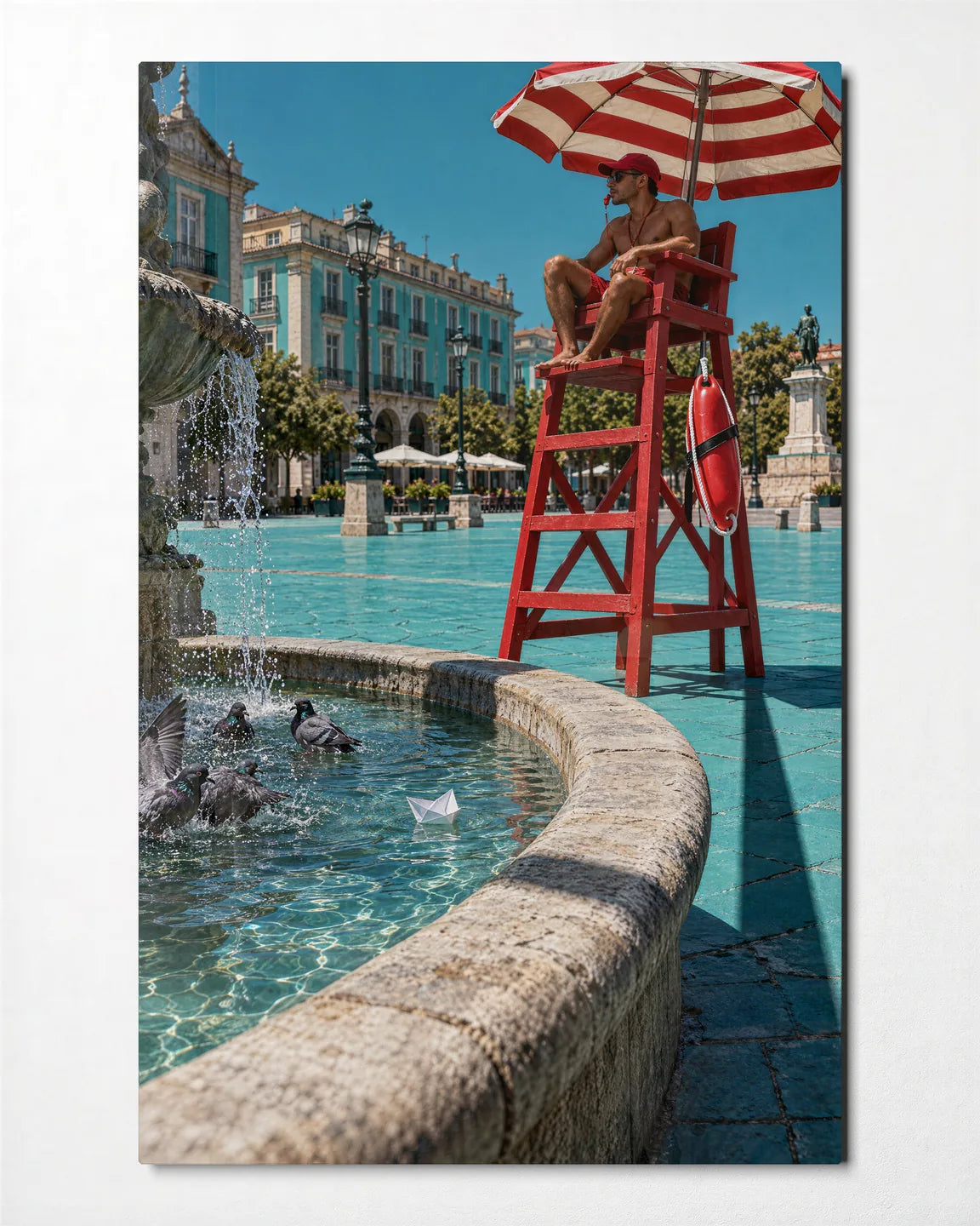 Fountain Lifeguard — front view of glass wall art