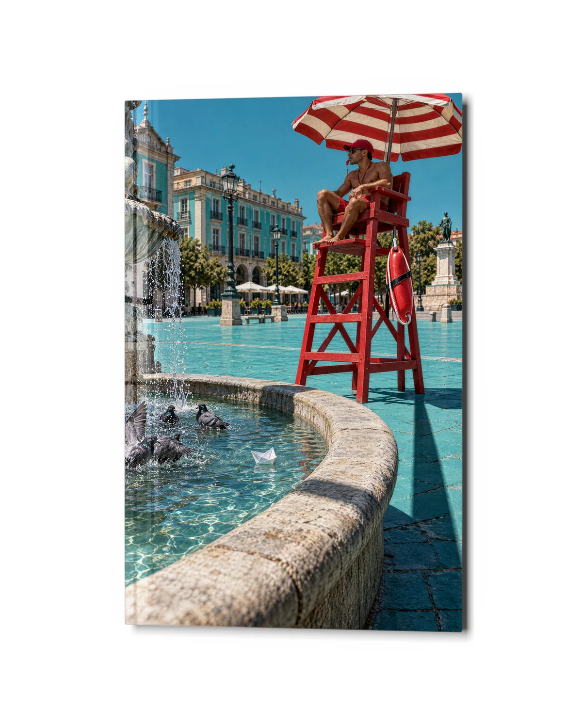 Fountain Lifeguard — studio view of glass wall art