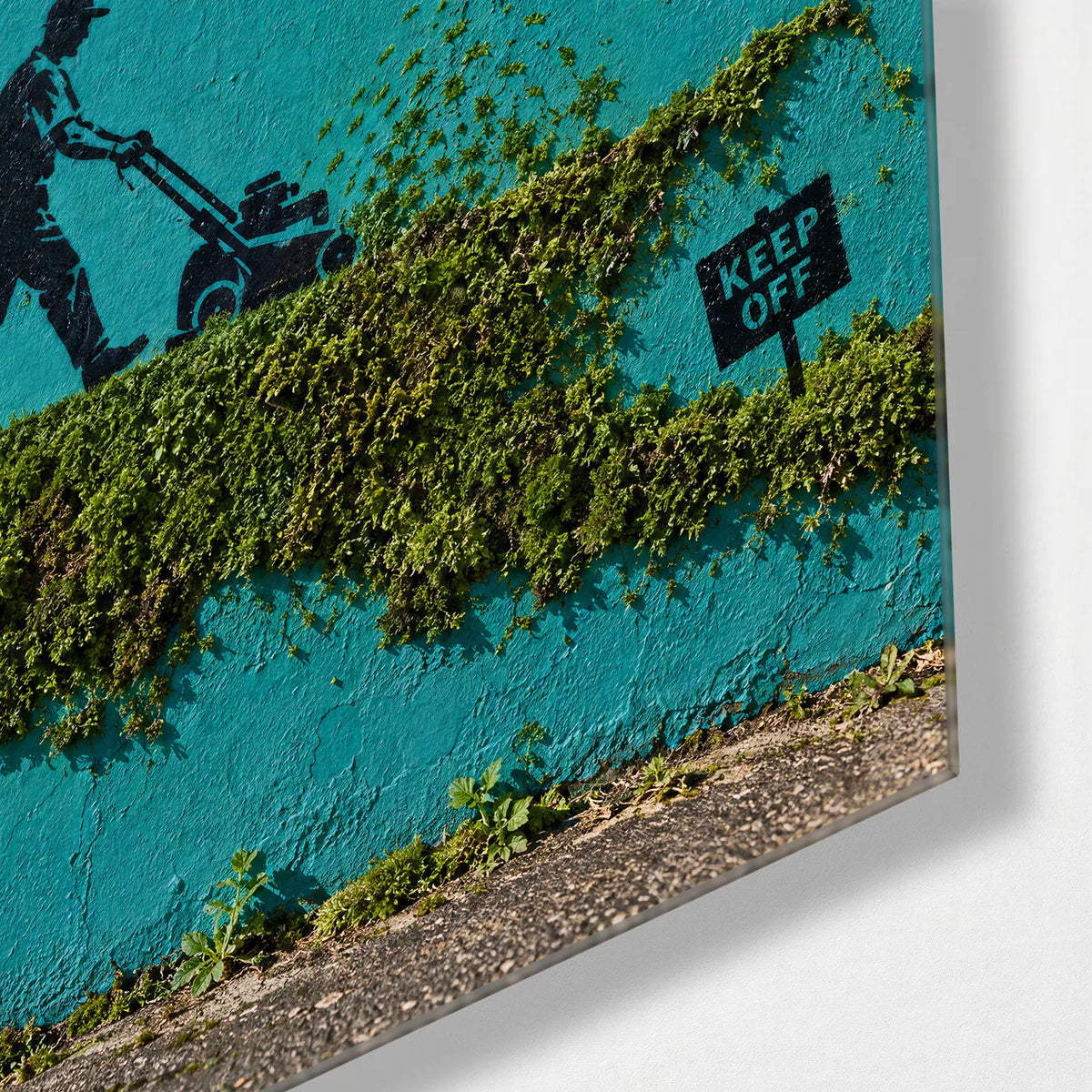 Keep Off the Small Lawn — corner detail of glass wall art