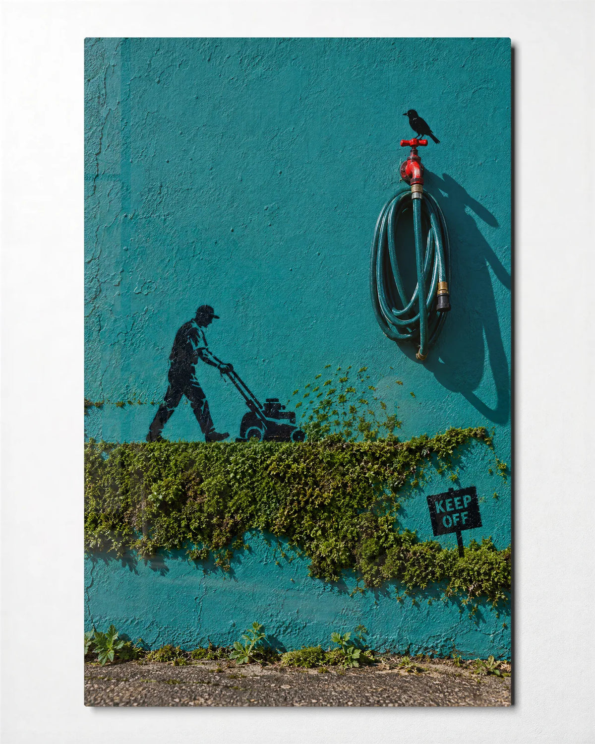 Keep Off the Small Lawn — front view of glass wall art