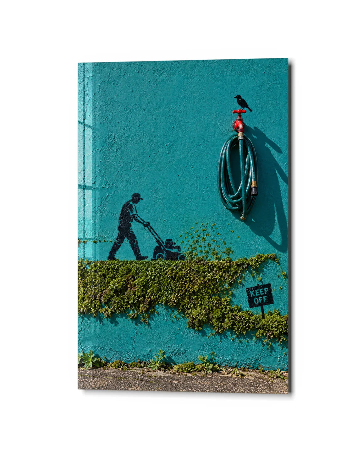Keep Off the Small Lawn — studio view of glass wall art