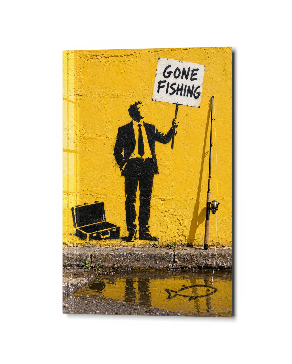 Gone Fishing — studio view of glass wall art