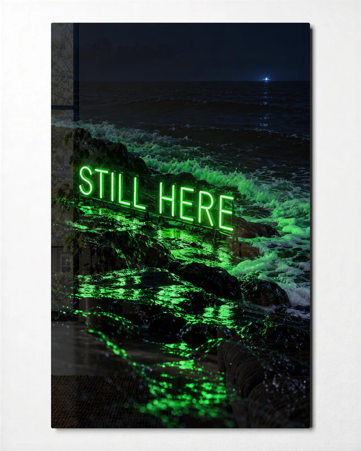 Still Here — front view of glass wall art