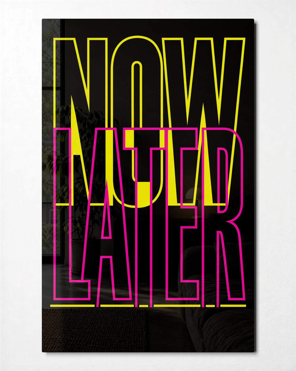 Now or Later — front view of glass wall art