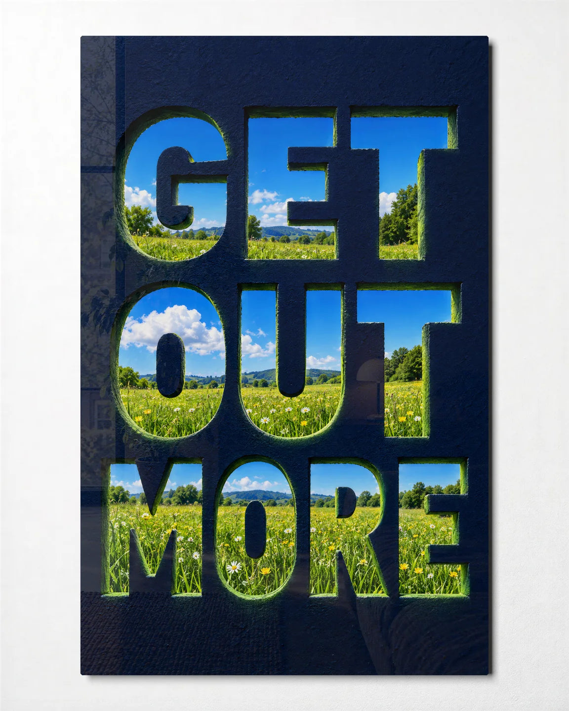 Get Out More — front view of glass wall art