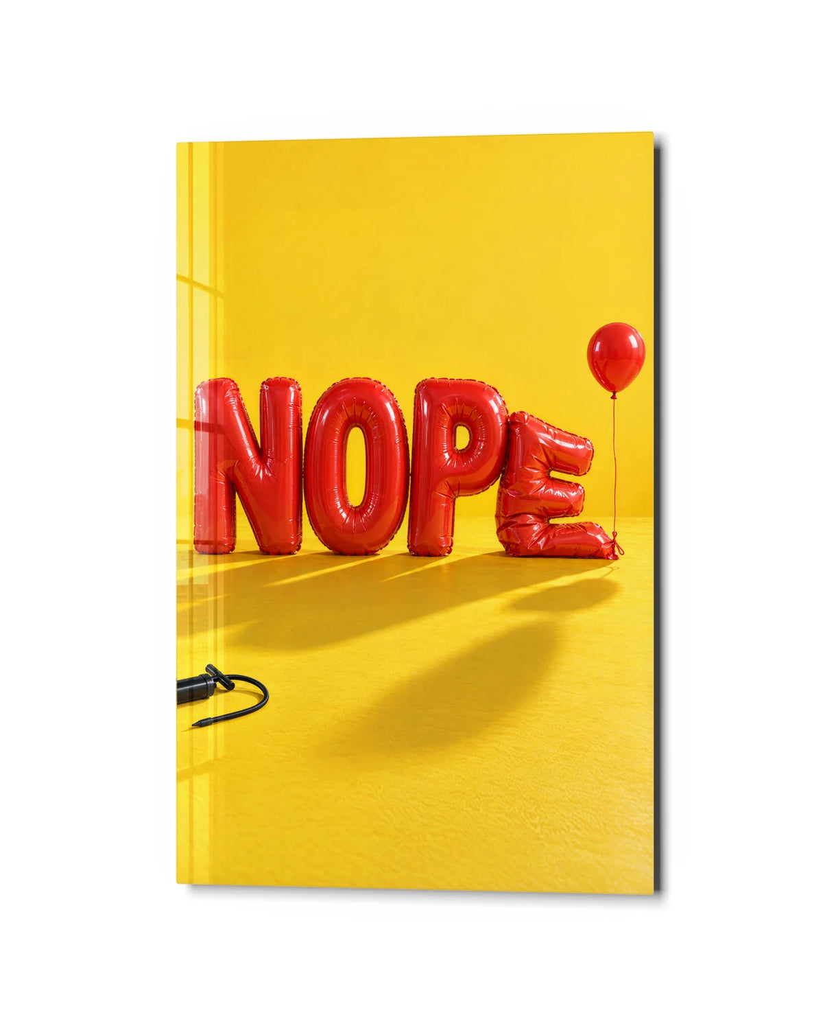 Nope in Balloons — studio view of glass wall art