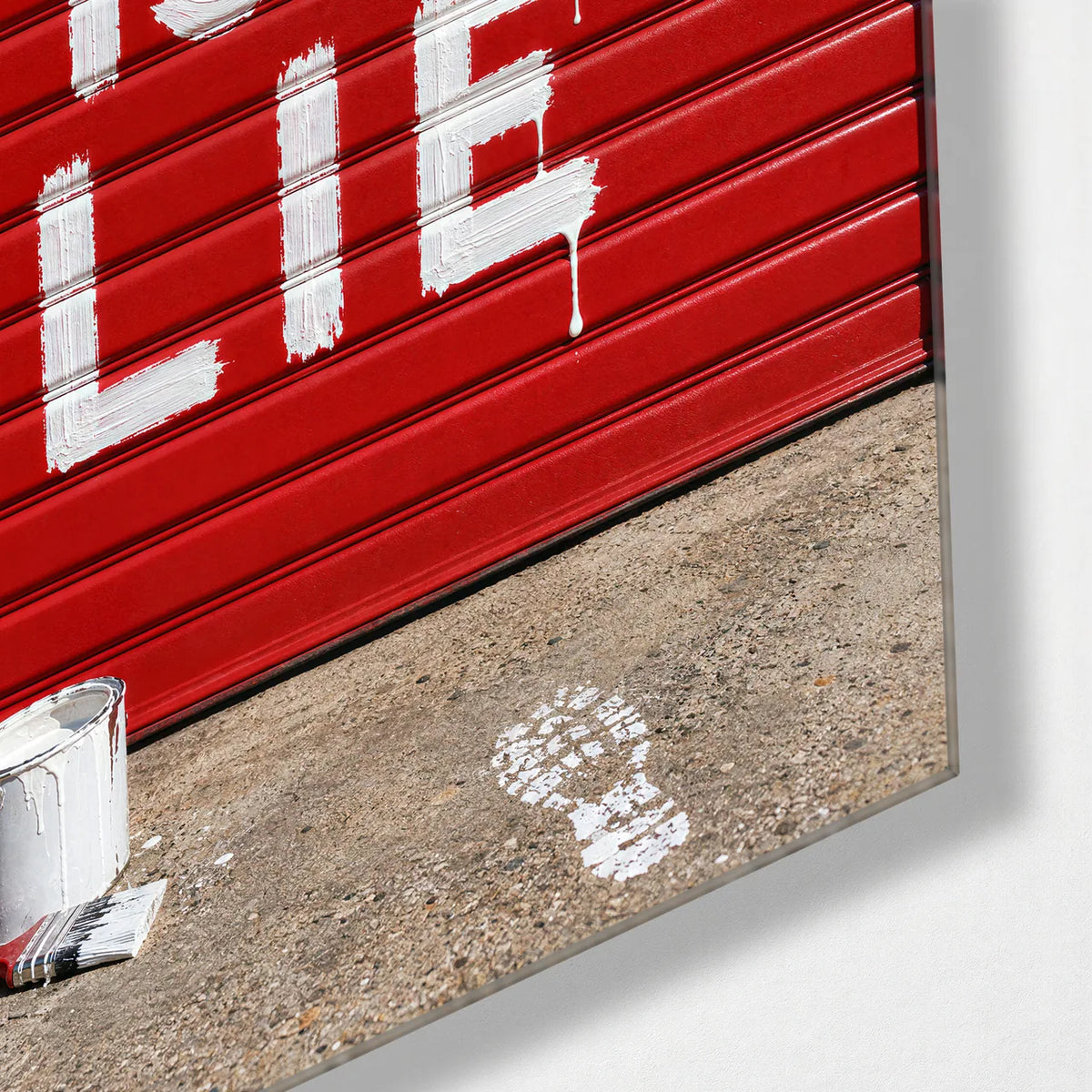 Later Is a Lie — corner detail of glass wall art
