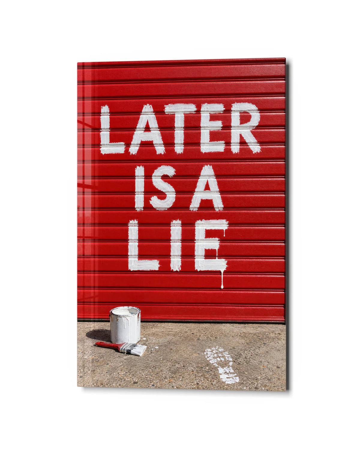 Later Is a Lie — studio view of glass wall art