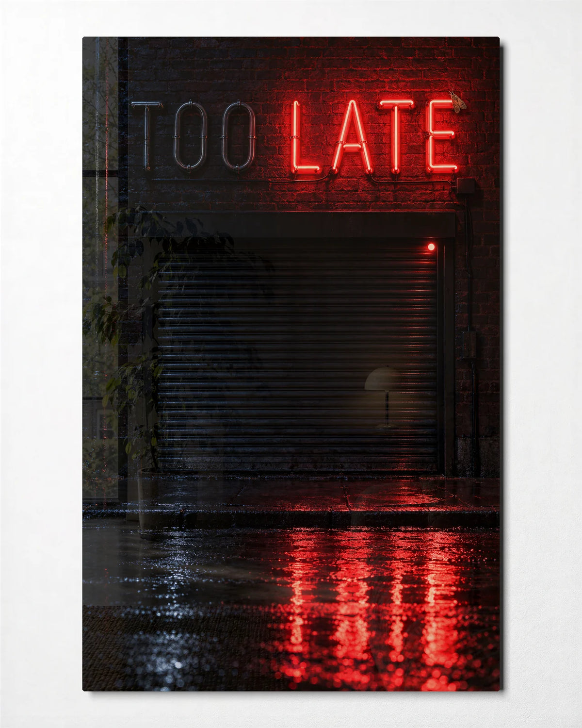 Too Late — front view of glass wall art
