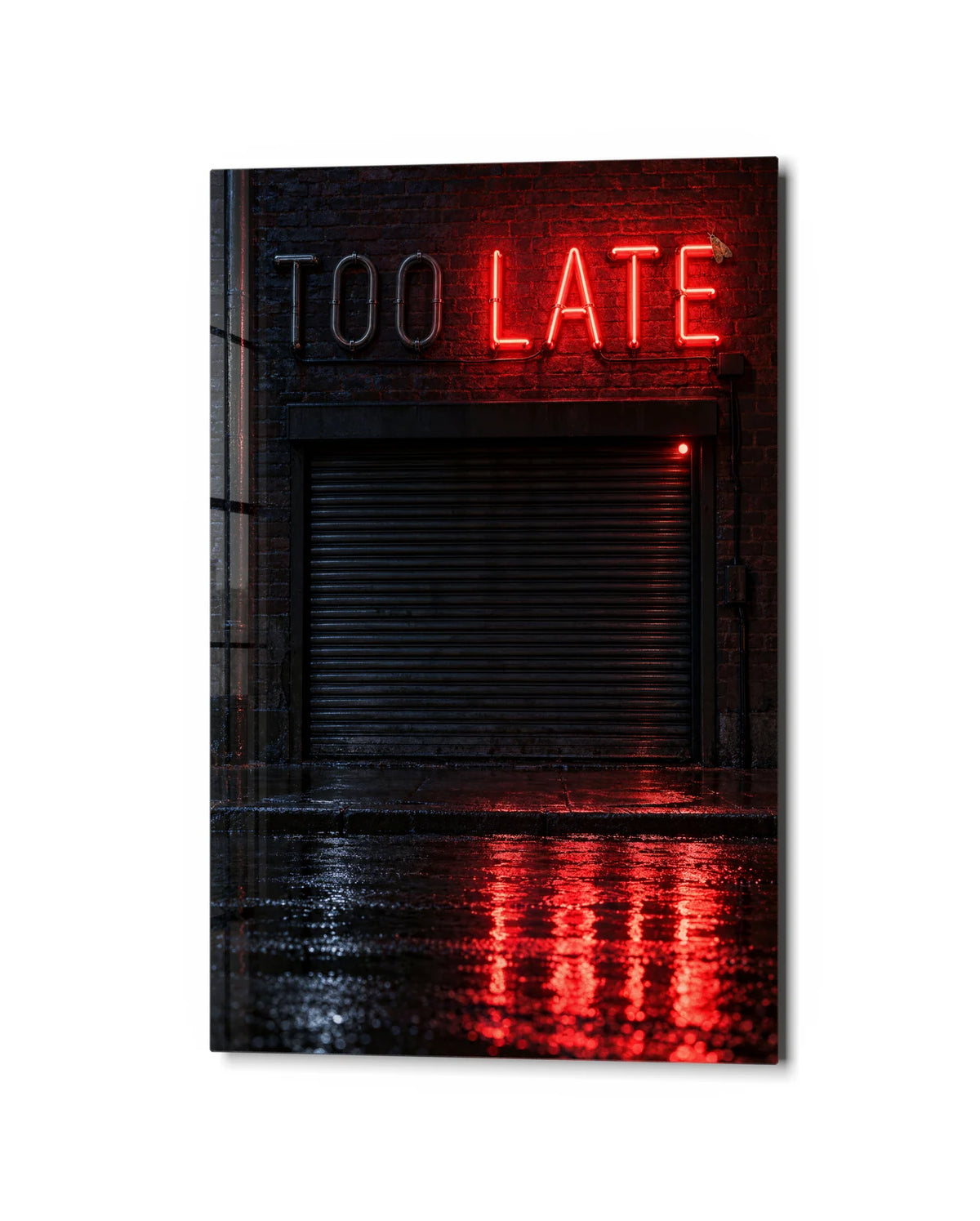 Too Late — studio view of glass wall art