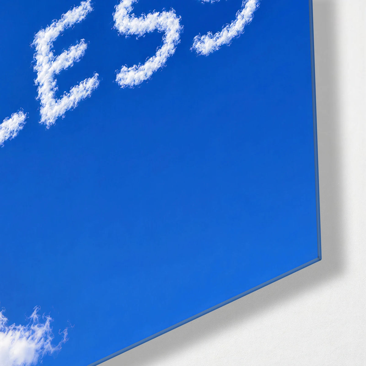 Fear Less Skywriting — corner detail of glass wall art