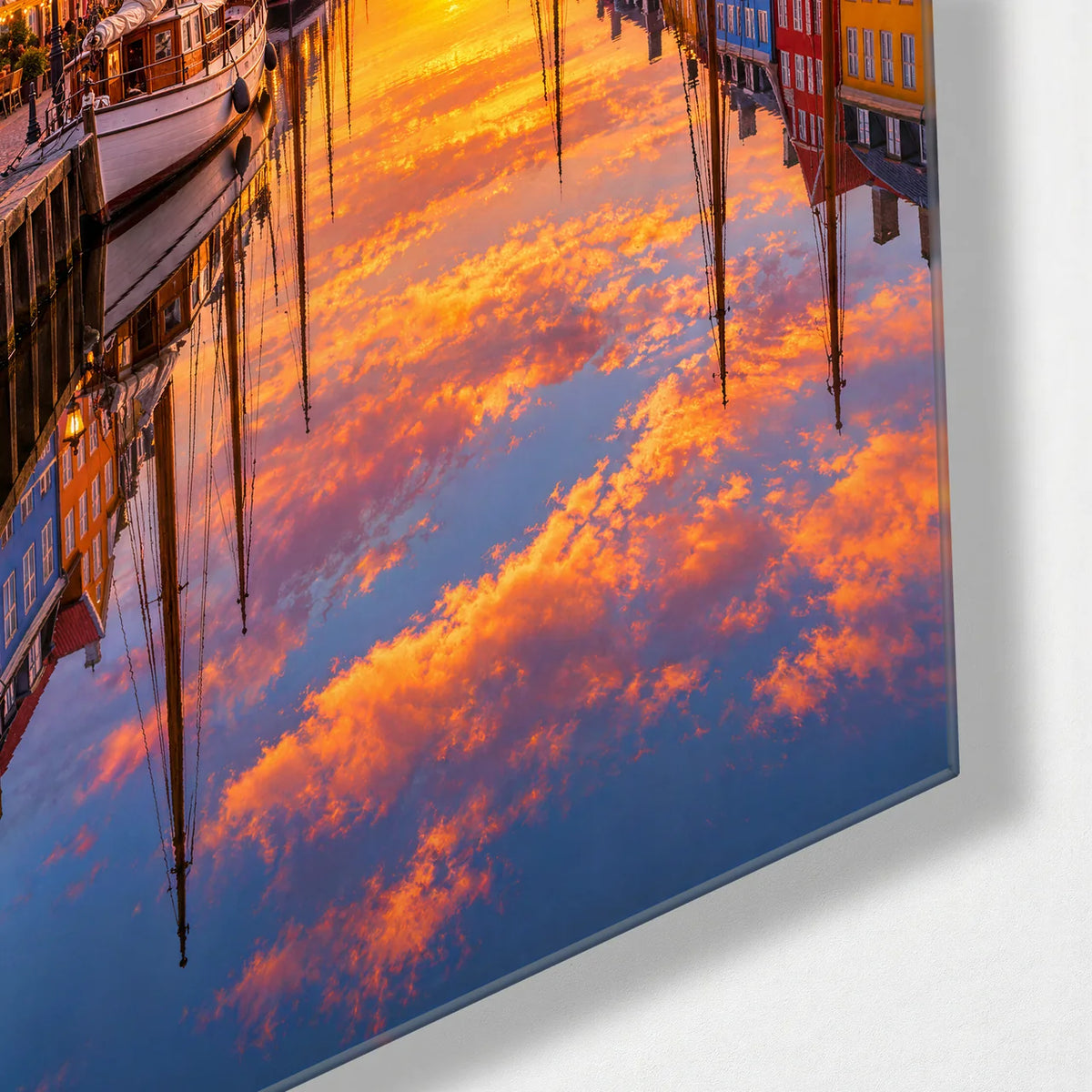 Nyhavn at Golden Hour — corner detail of glass wall art