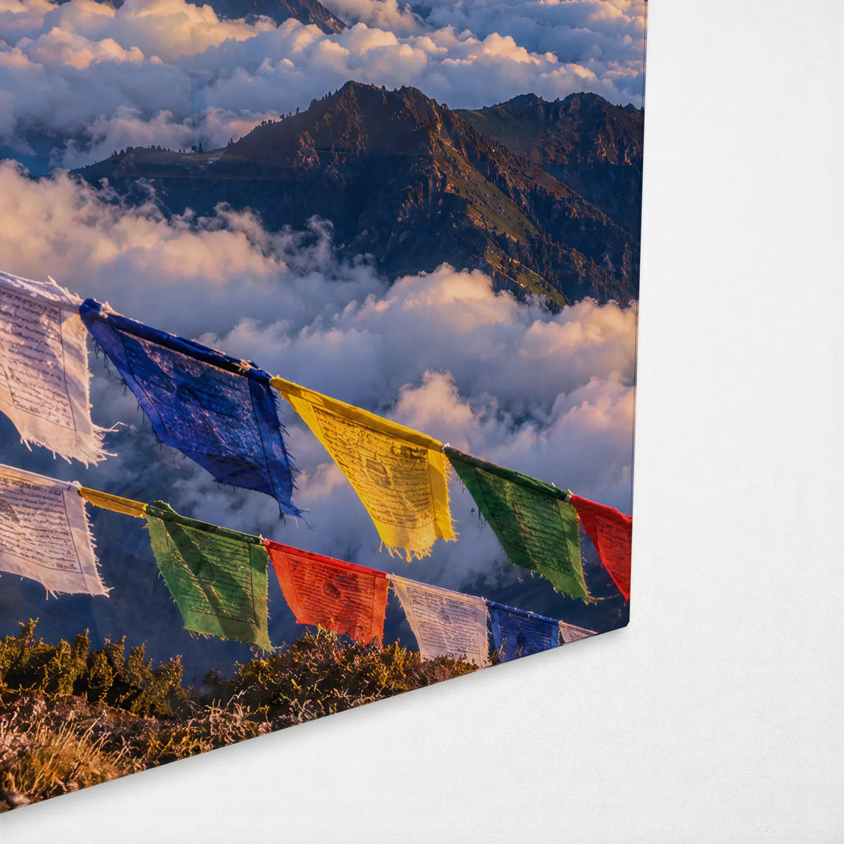 Prayer Flags over the Clouds — corner detail of glass wall art