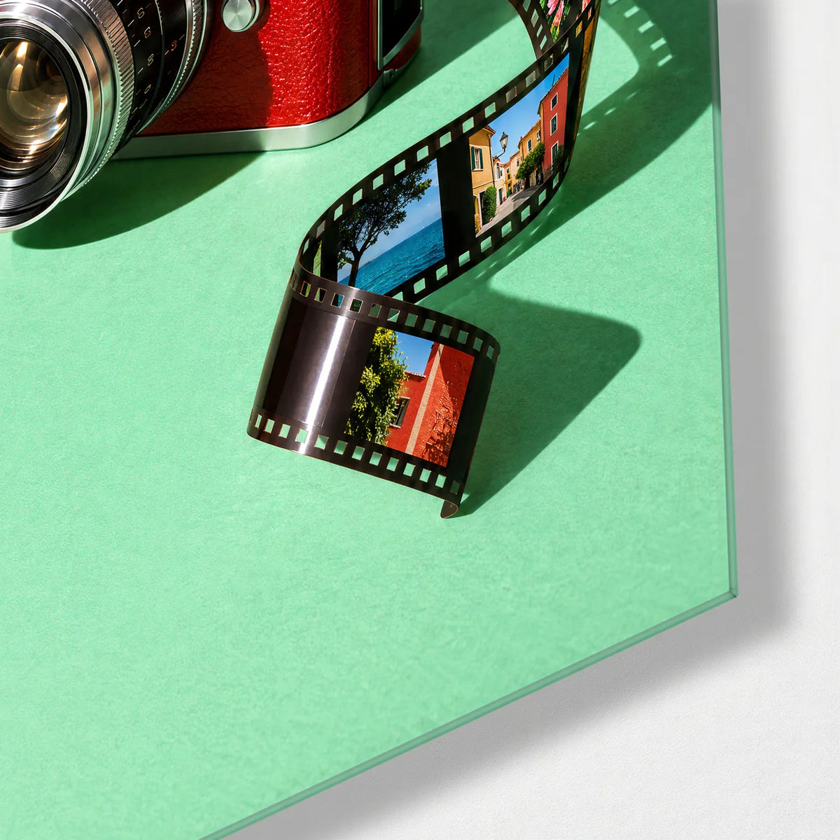 Red Camera on Mint — corner detail of glass wall art