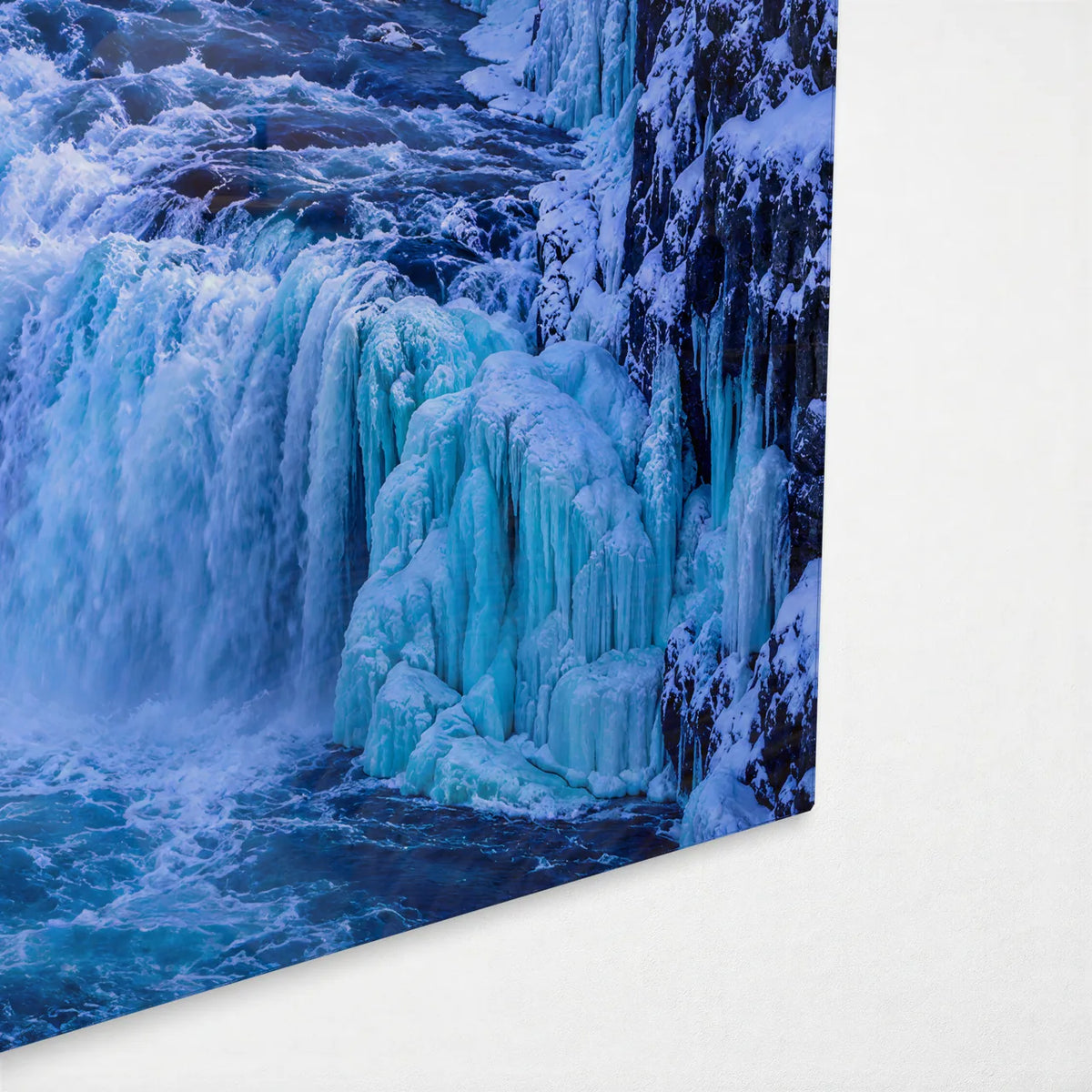 Gullfoss in Ice — corner detail of glass wall art