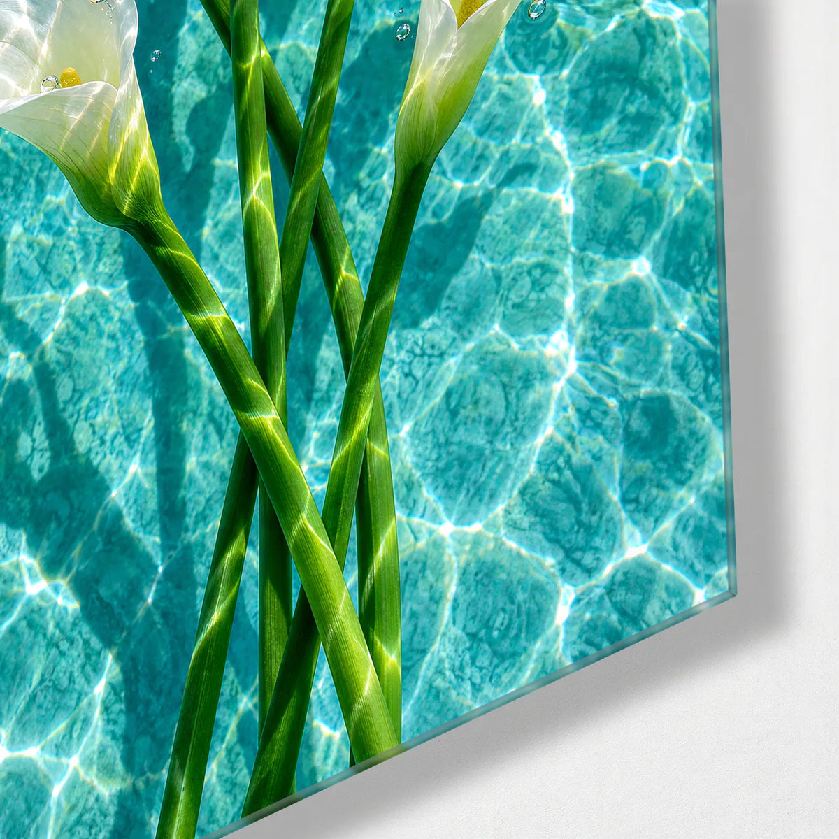Callas in the Pool — corner detail of glass wall art