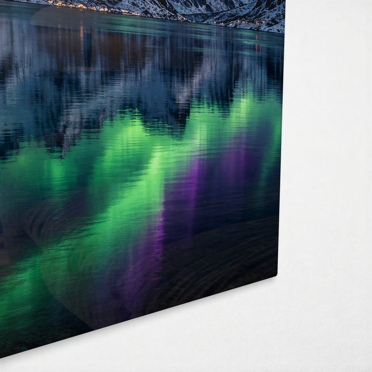 Hamnoy Under the Aurora — corner detail of glass wall art