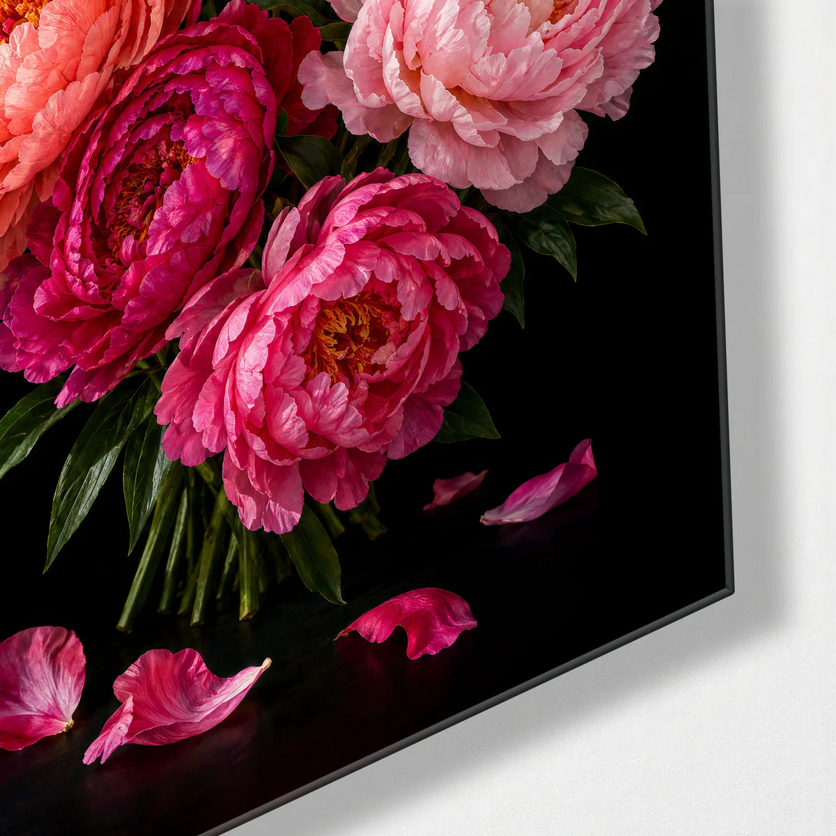 Peonies on Black — corner detail of glass wall art