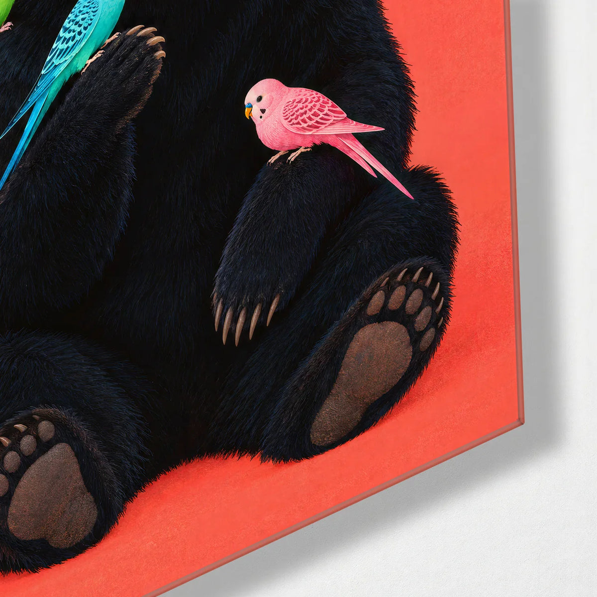 Bear Among Parakeets — corner detail of glass wall art