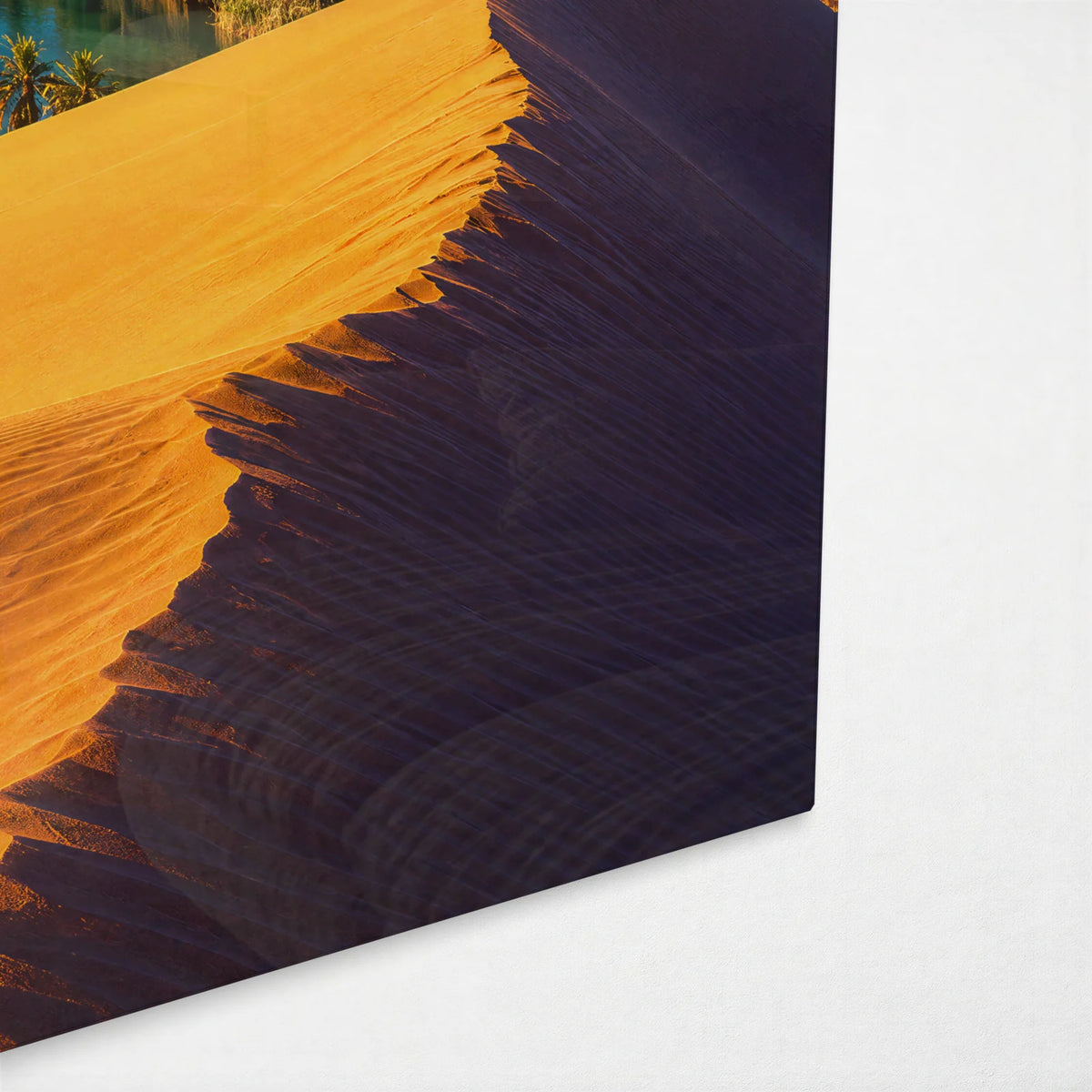 Oasis in the Dunes — corner detail of glass wall art