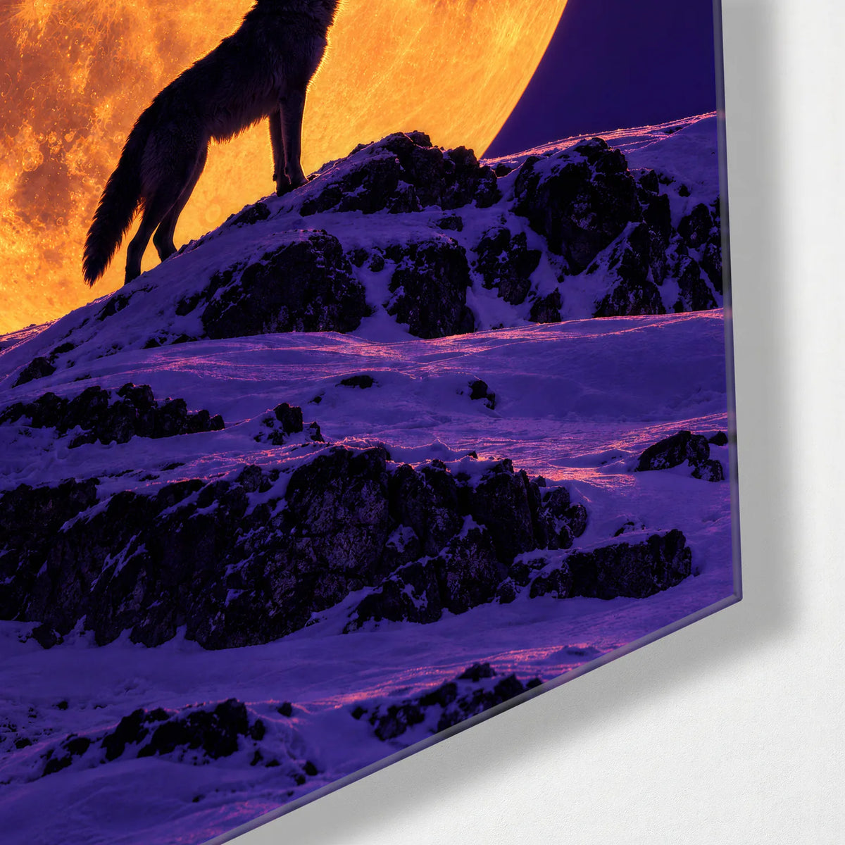 Wolf and the Orange Moon — corner detail of glass wall art