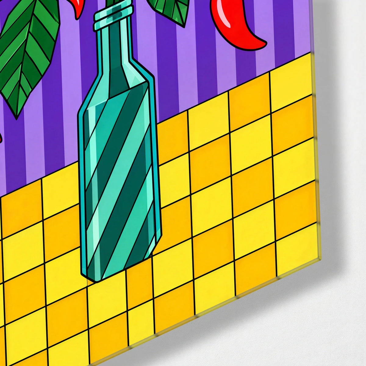 Chillies in a Bottle — corner detail of glass wall art
