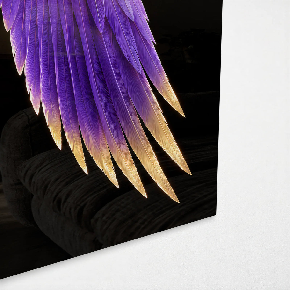 Violet Angel Wings — corner detail of glass wall art