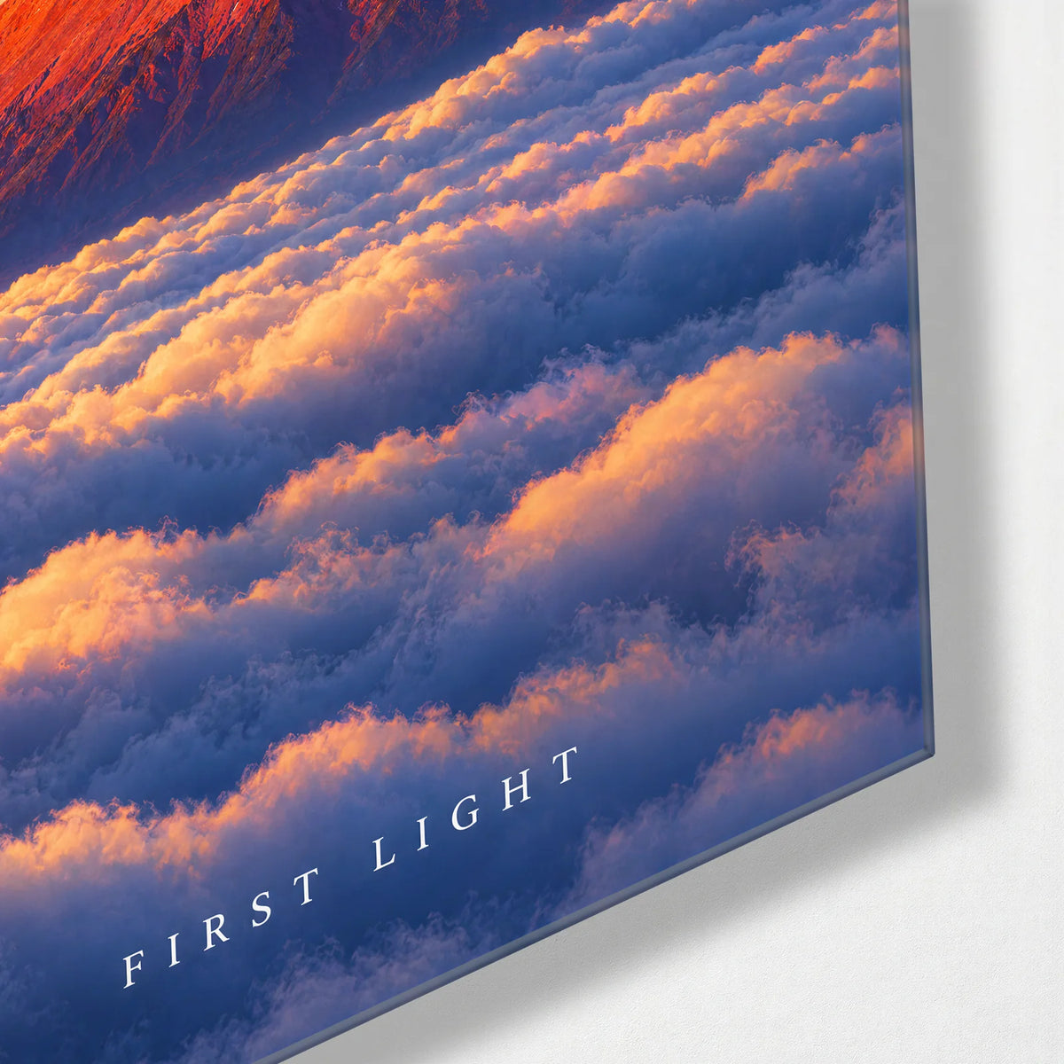 First Light Over Fuji — corner detail of glass wall art