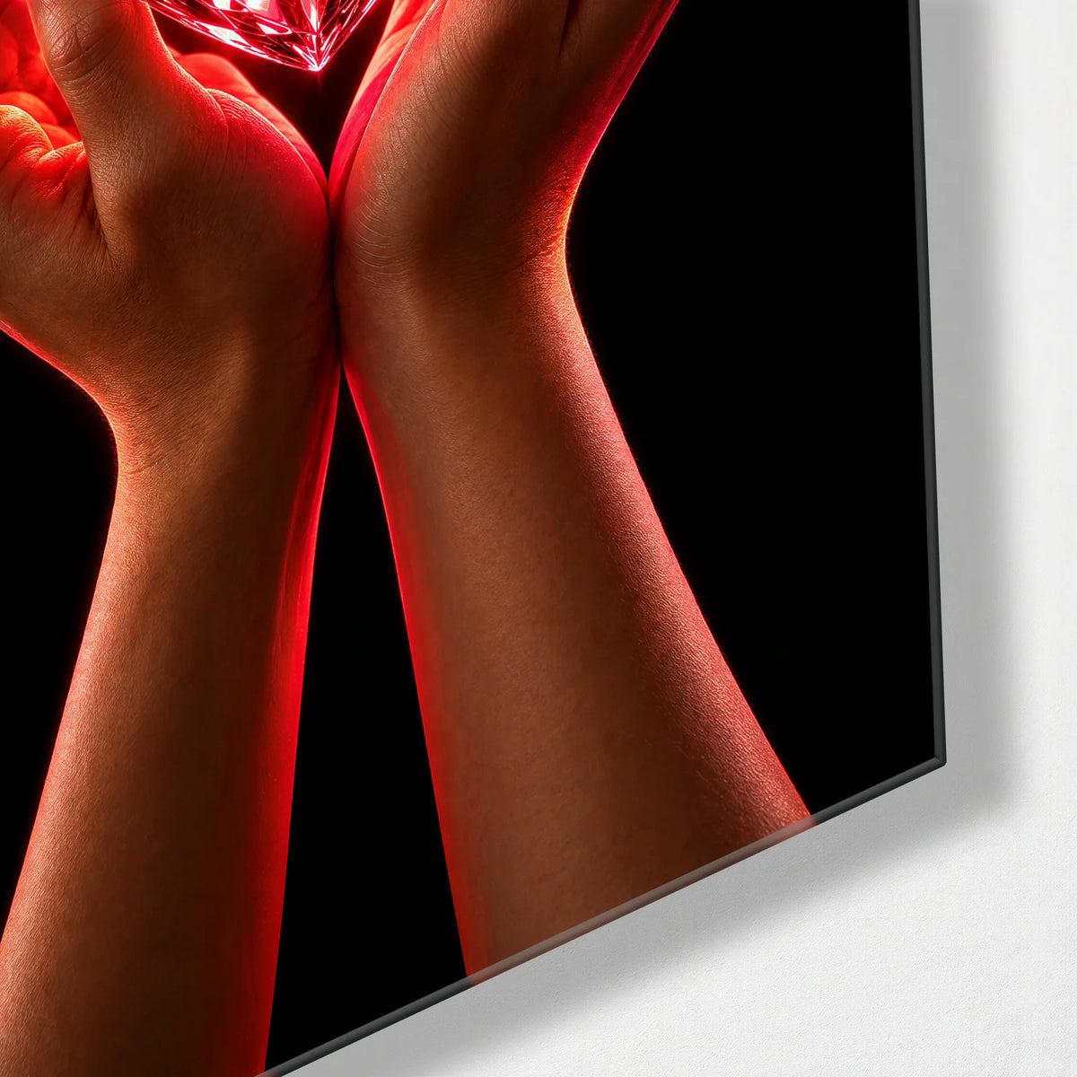 Glass Heart in Hands — corner detail of glass wall art