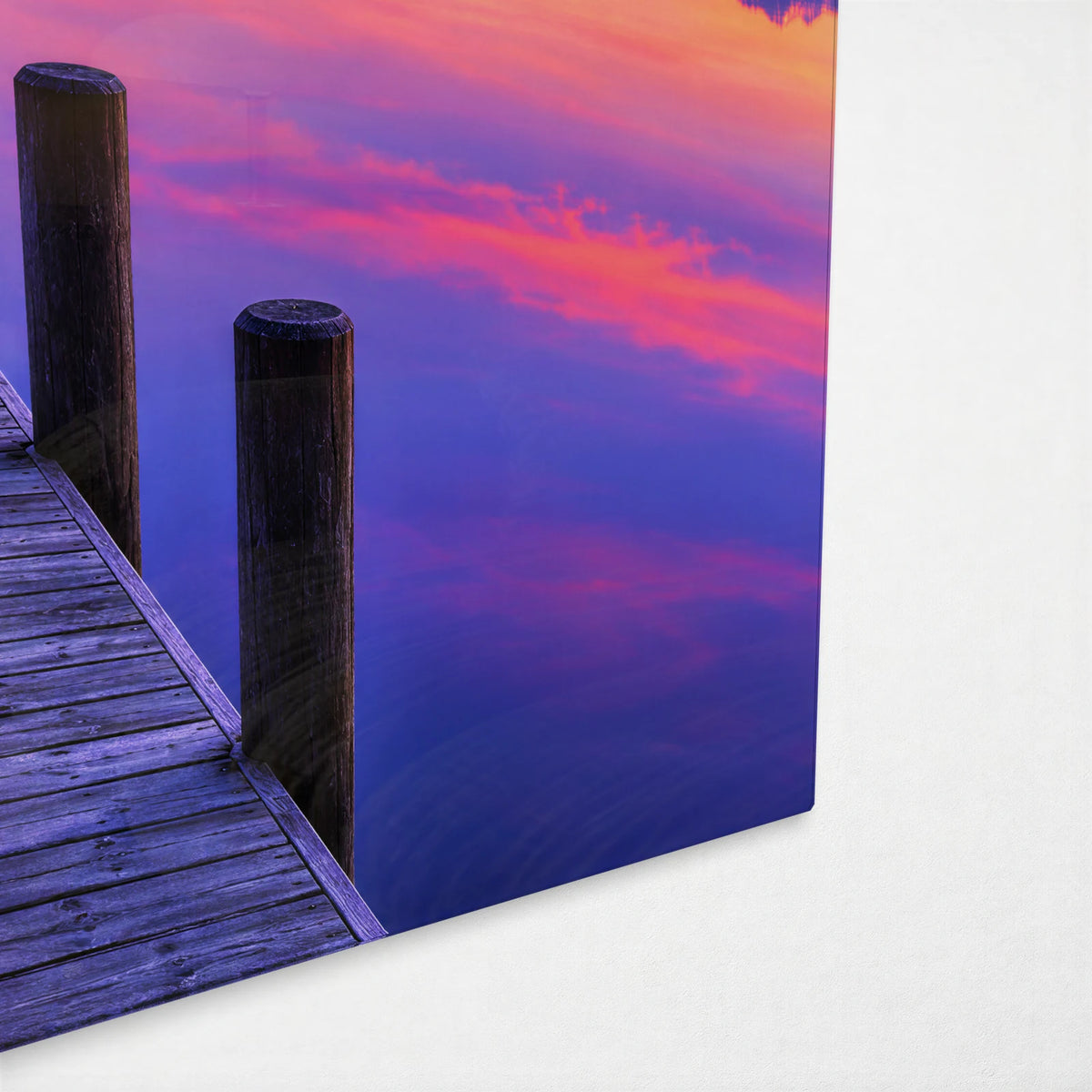 Bled at Dawn — corner detail of glass wall art
