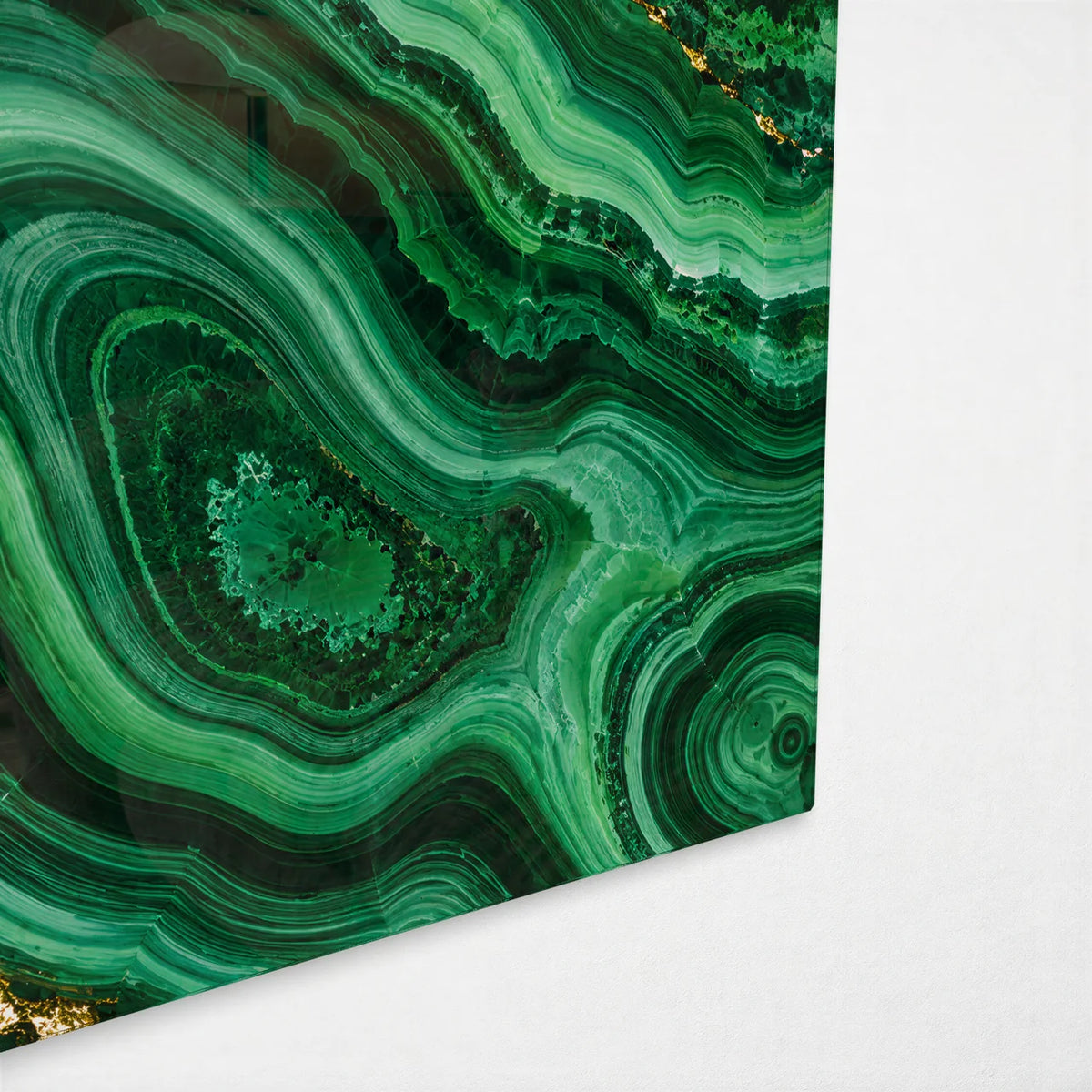 Malachite and Gold — corner detail of glass wall art